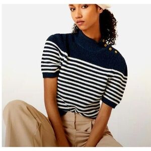 ANTHROPOLOGIE MAEVE Navy Blue Striped Short Sleeve Nautical Sailor
Sweater SZ L